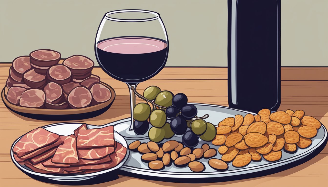 A glass of red wine next to a platter of assorted salty snacks like olives, nuts, and cured meats