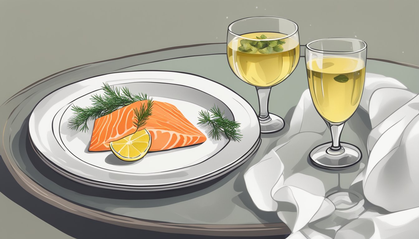 A plate of smoked salmon with capers, lemon slices, and a sprig of dill, next to a glass of crisp, dry white wine