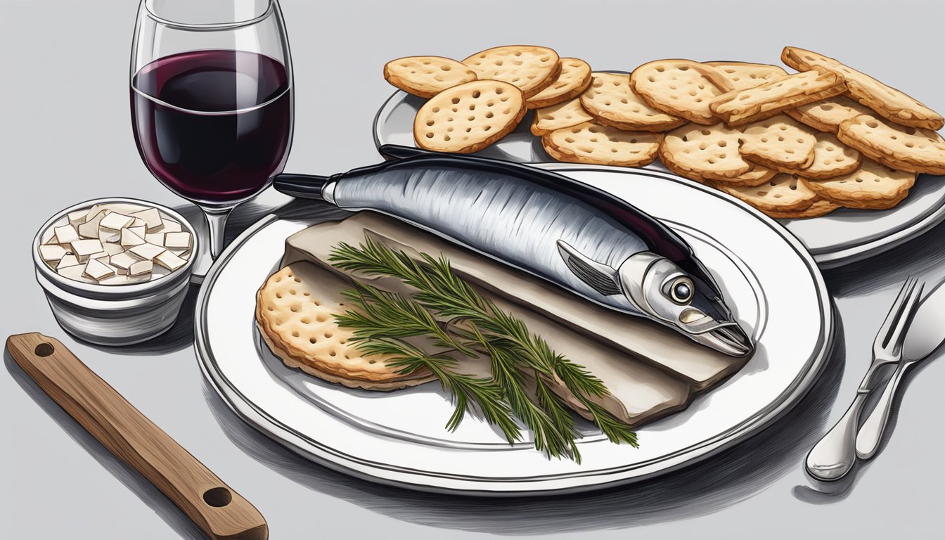 A bottle of red wine next to a plate of anchovies and crackers