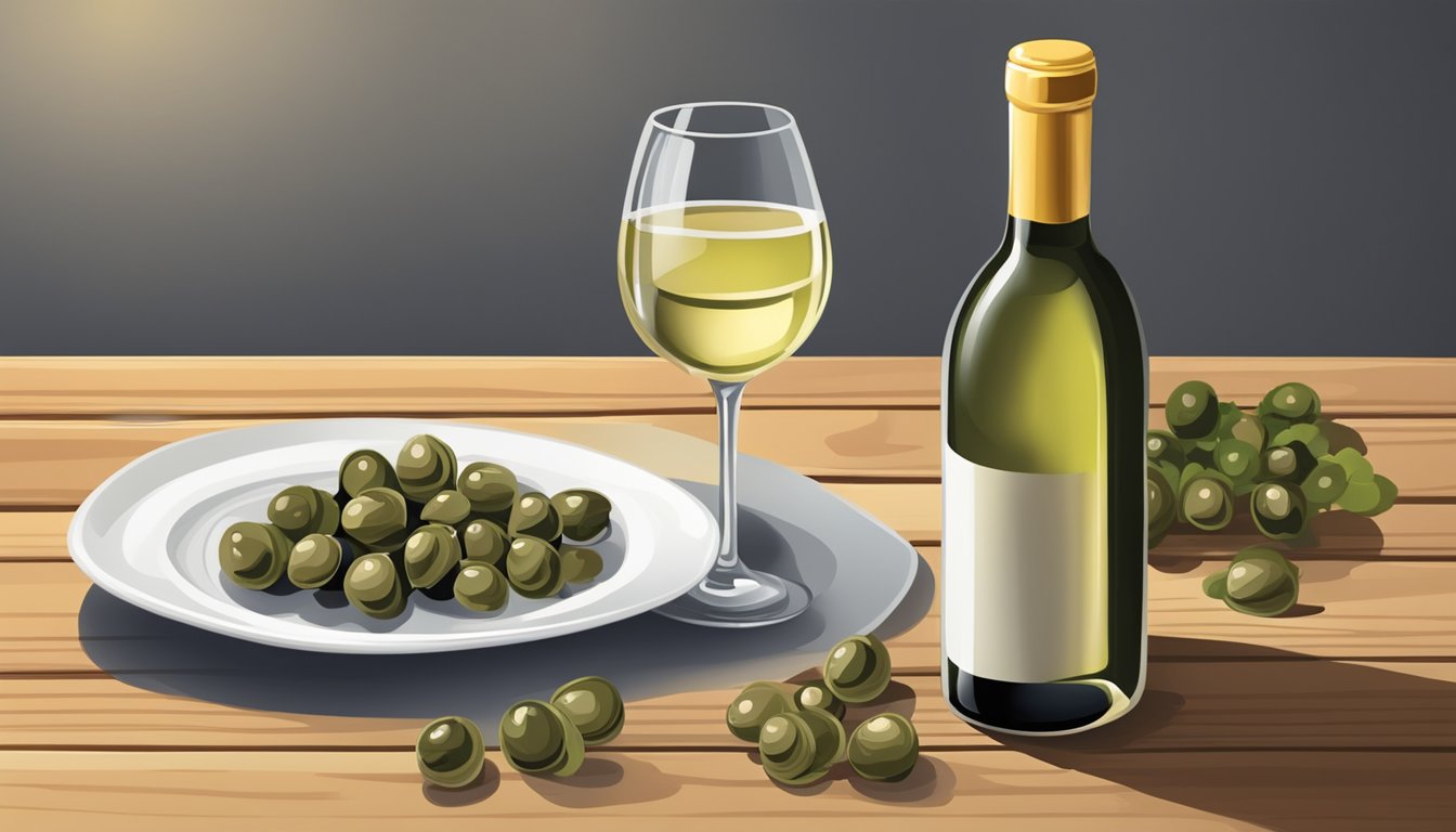 A bottle of white wine next to a dish of capers on a wooden table