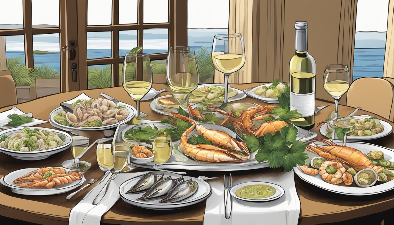 A table set with a variety of white wines and a platter of assorted seafood, including anchovies