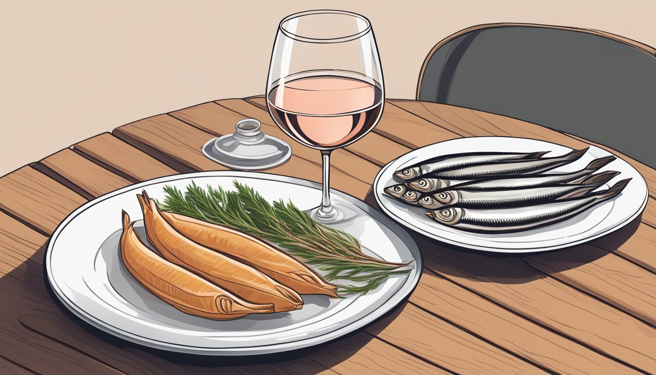 A plate of anchovies and a glass of rosé wine on a wooden table