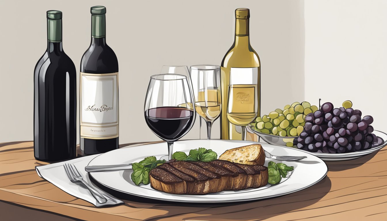 A table set with a rich, caper-infused dish alongside a bottle of robust red wine