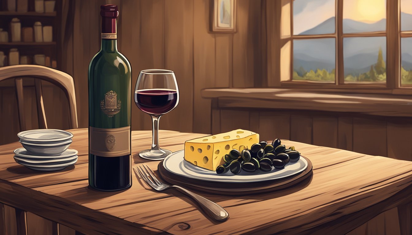 A bottle of red wine sits next to a plate of anchovies, olives, and cheese on a rustic wooden table. A cozy, dimly lit room in the background suggests a relaxed, intimate setting