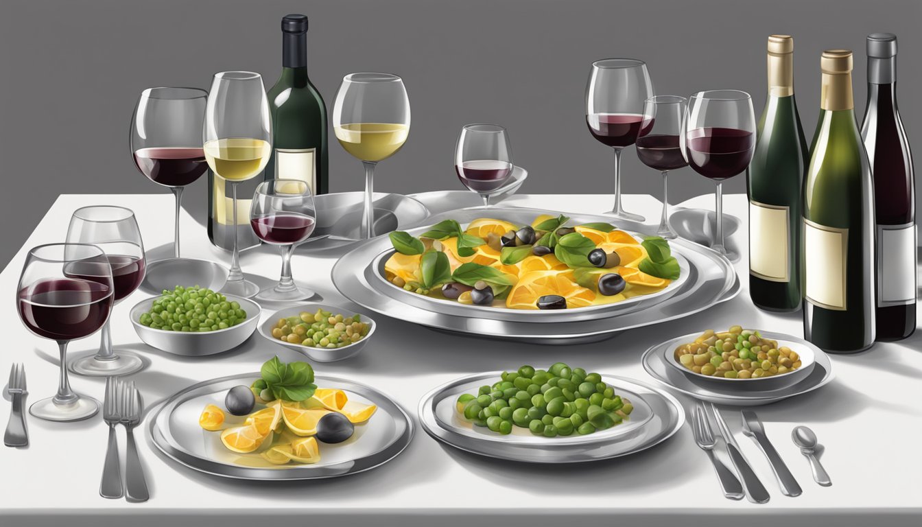 A table set with a variety of caper-incorporated dishes, accompanied by a selection of wine bottles and glasses