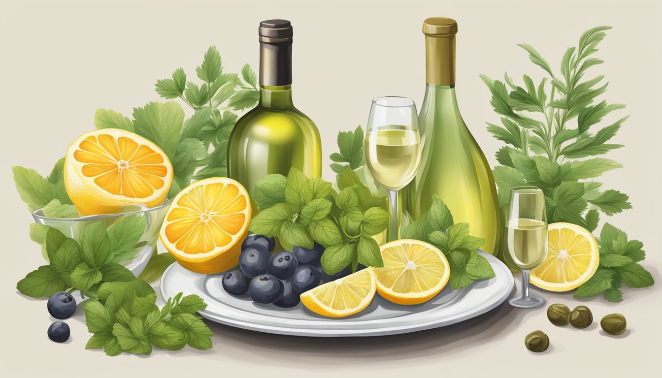 A bottle of white wine next to a dish of capers and a selection of fresh herbs and citrus fruits