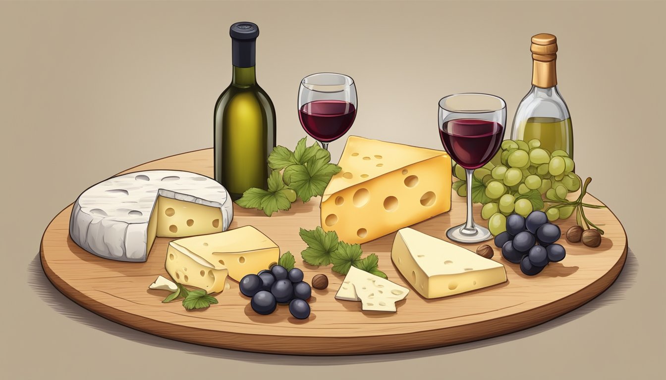 A cheese platter with various types of cheese, capers, and a bottle of wine on a wooden board