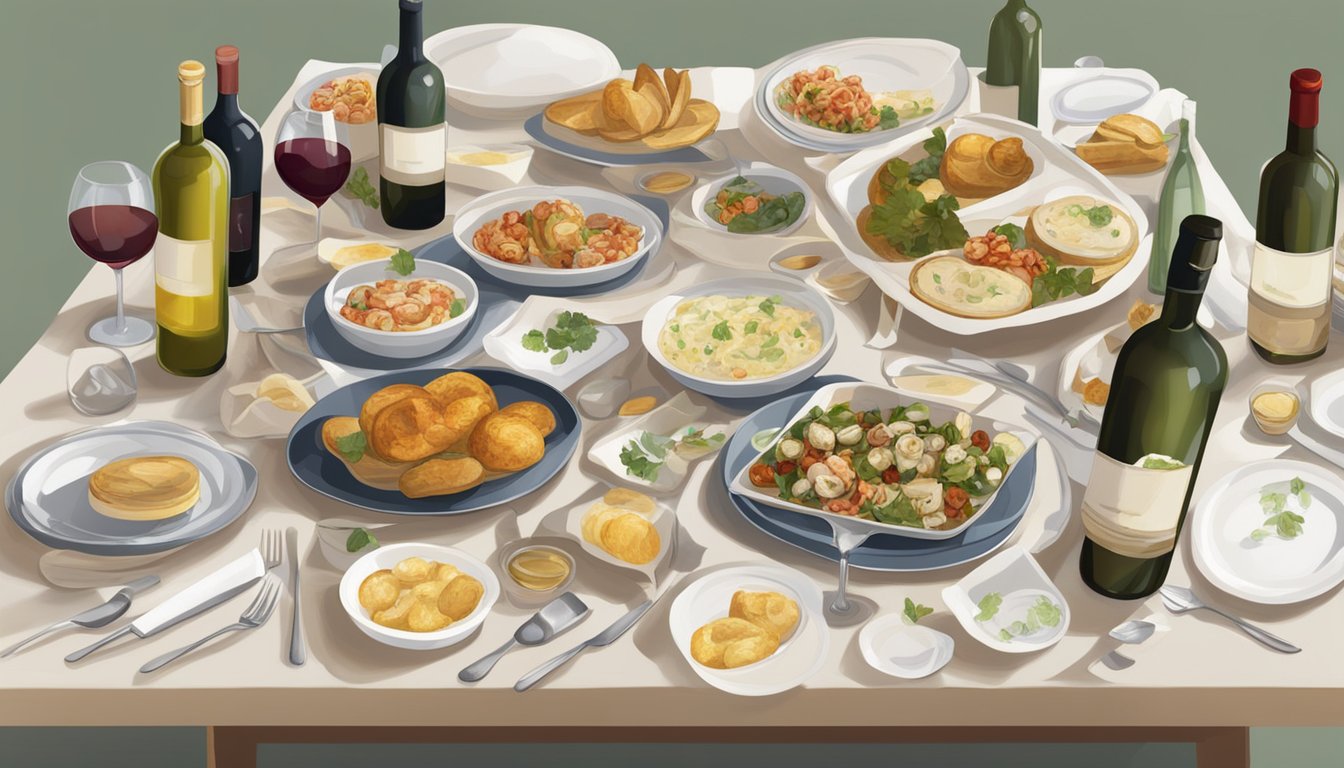 A table set with a spread of garlicky dishes, surrounded by bottles of red and white wine