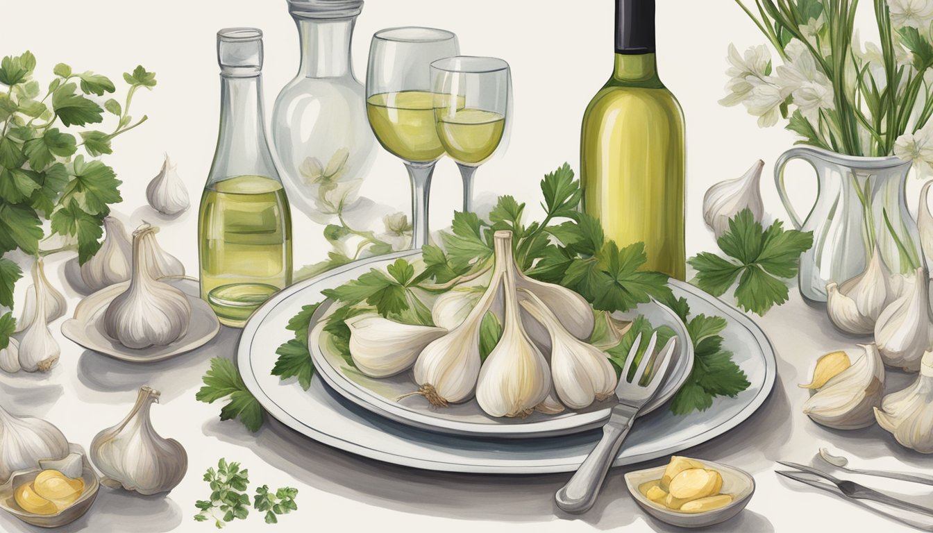 A bottle of white wine surrounded by garlic bulbs, herbs, and a plate of garlicky dishes