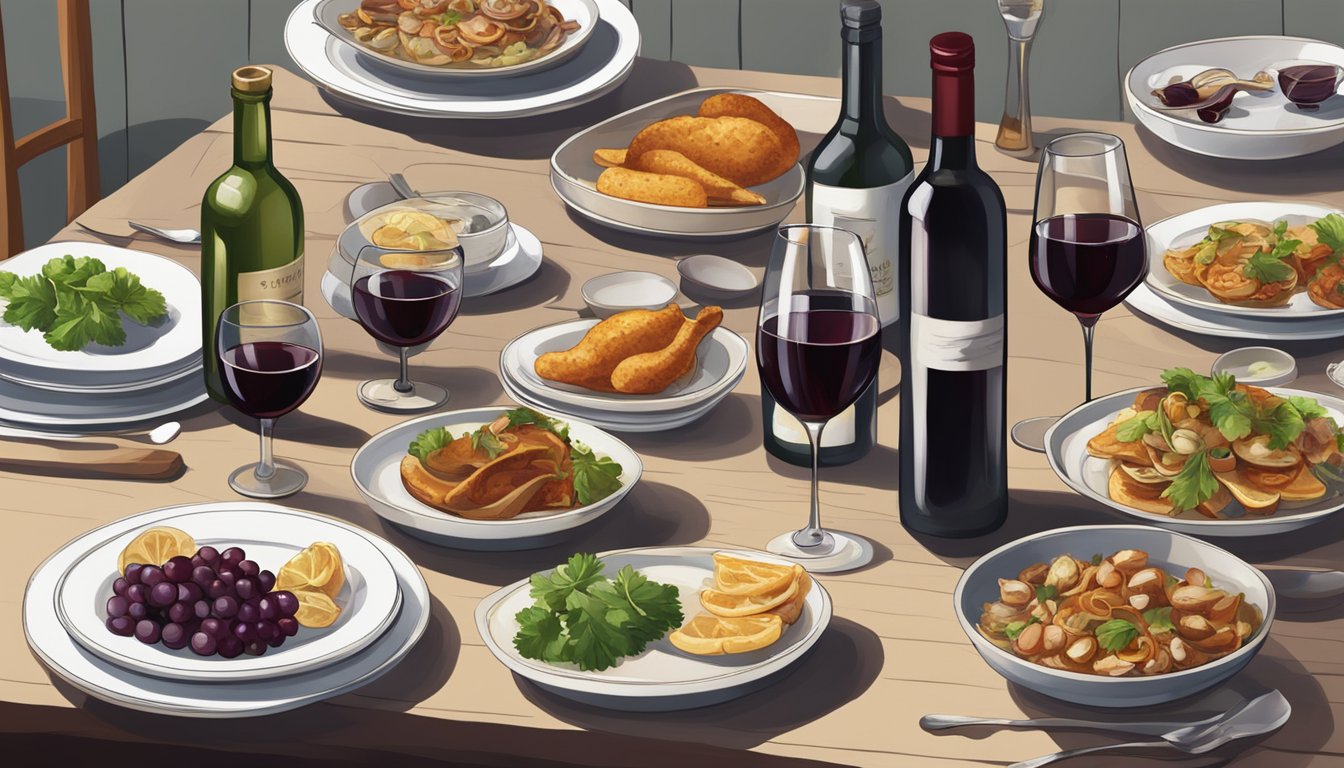 A table set with a spread of garlicky dishes and various bottles of red wine