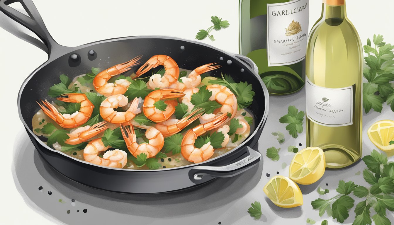 A sizzling pan of garlicky shrimp, surrounded by fresh herbs and a bottle of white wine