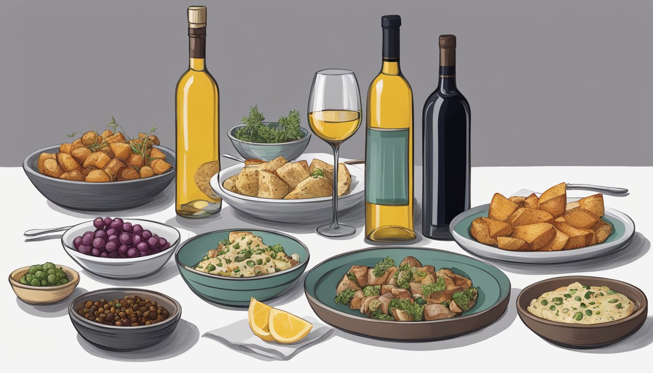 A table set with a spread of garlicky dishes, accompanied by a bottle of specialty wine and various uncommon pairings