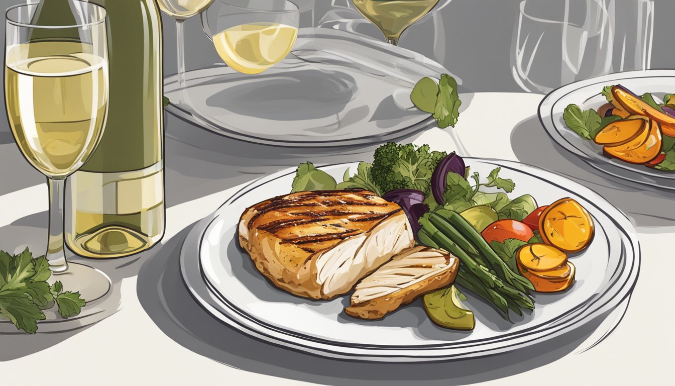 A glass of white wine next to a plate of grilled chicken breast with a side of roasted vegetables