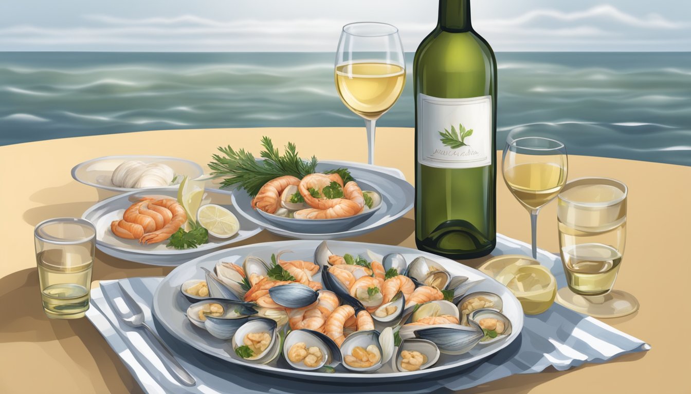 A table set with a steaming plate of garlic-infused seafood, a bottle of white wine, and a wine glass