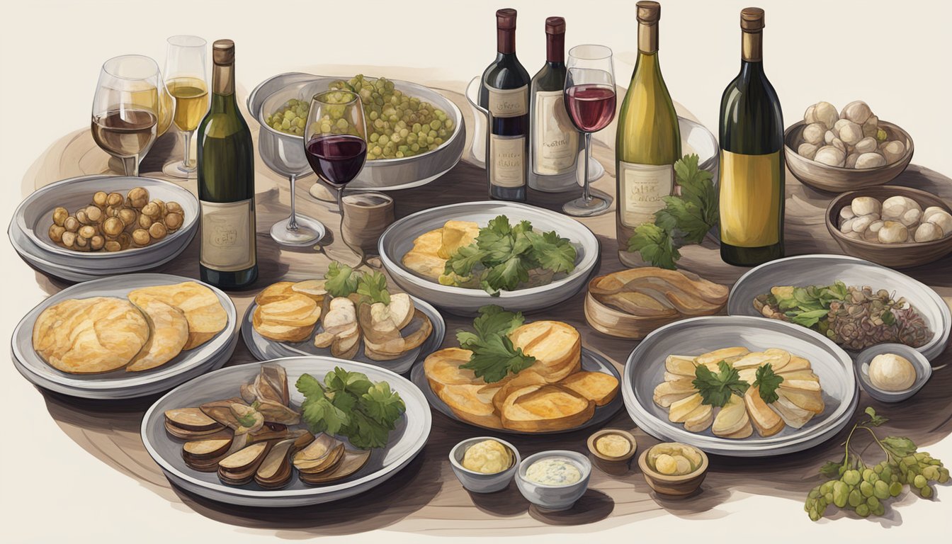 A table set with a spread of garlicky dishes and various regional wine varieties