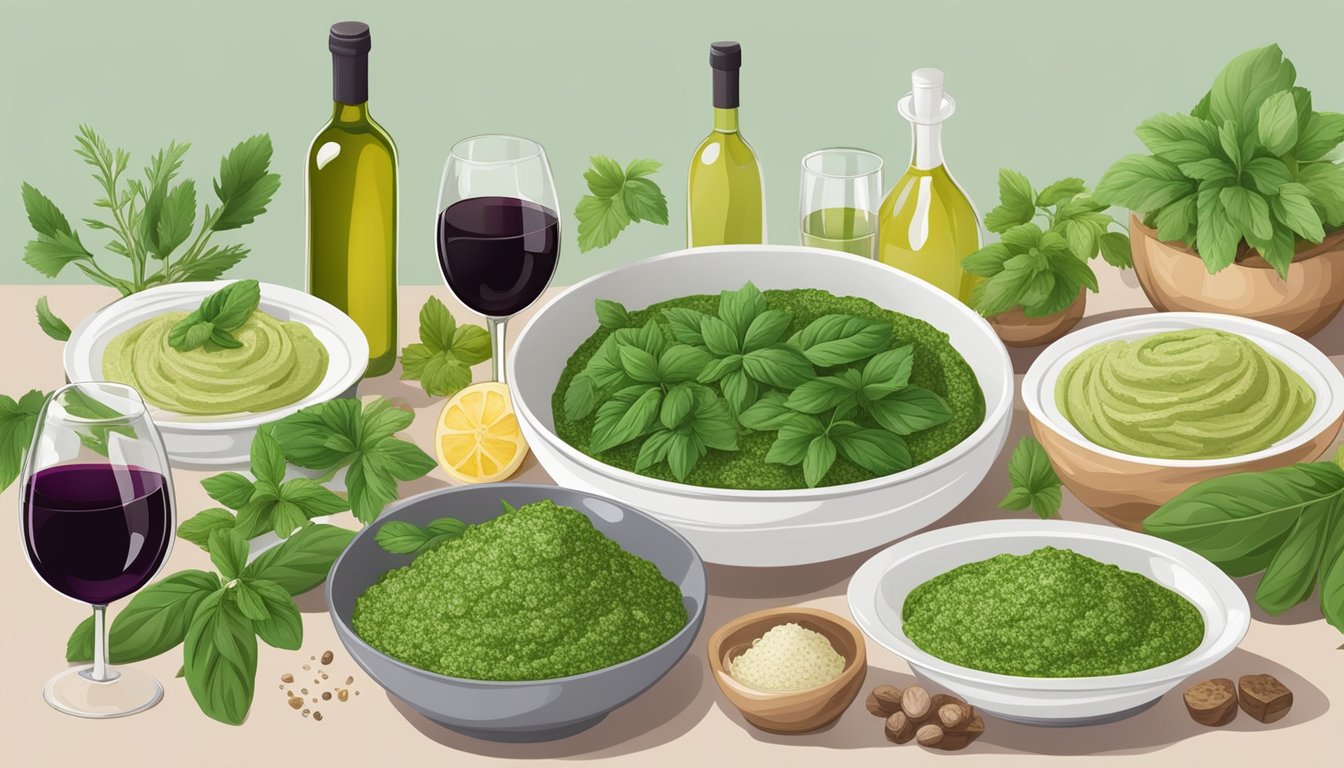 A table set with a variety of pesto dishes alongside different wine bottles and glasses, surrounded by fresh herbs and ingredients