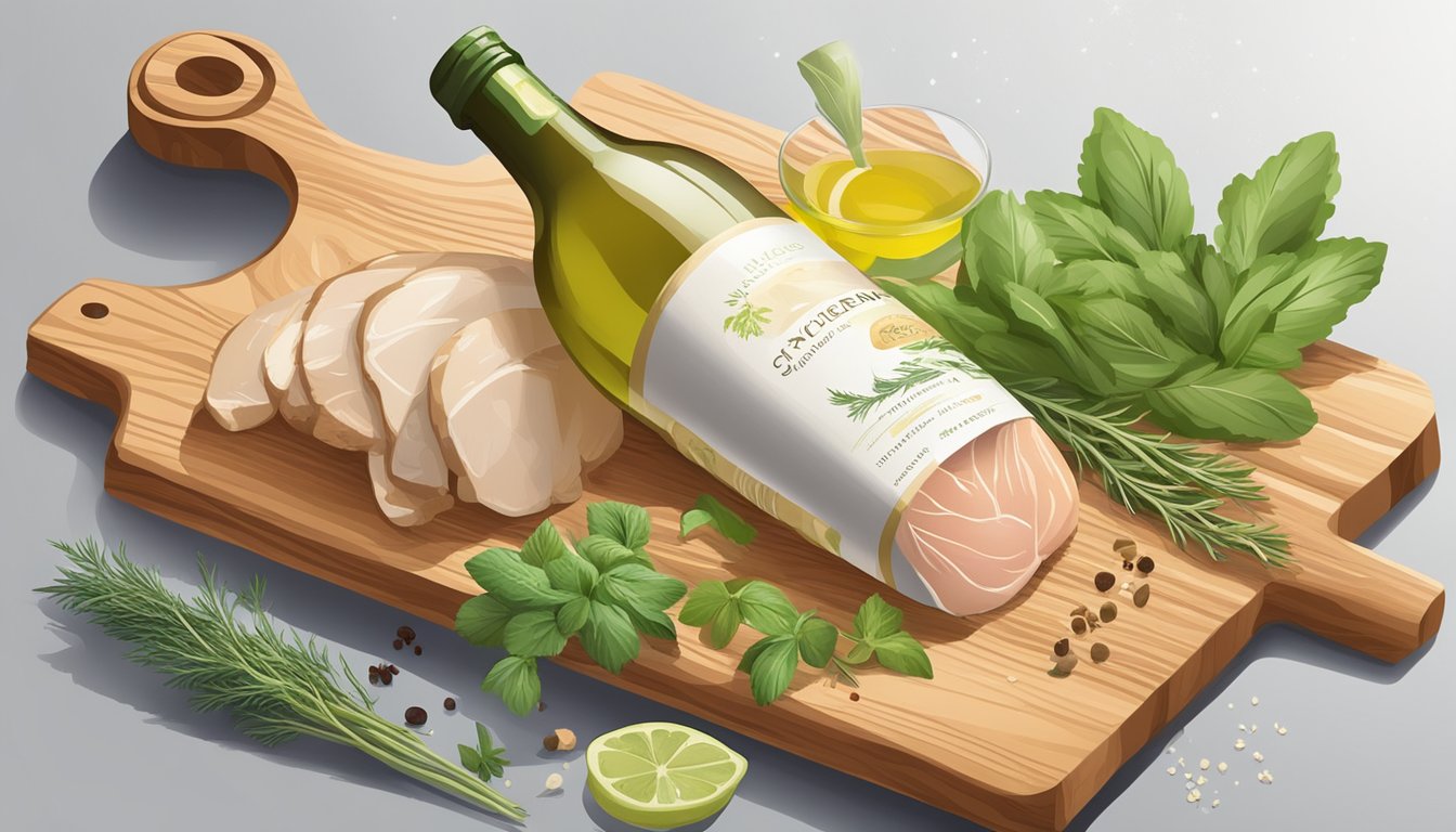 A bottle of white wine next to a seasoned chicken breast on a cutting board, surrounded by various herbs and spices