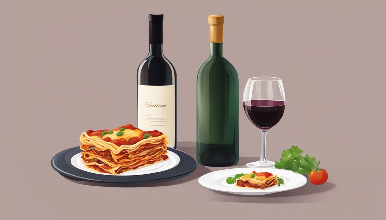 A table set with a steaming dish of vegetarian lasagna and a bottle of red wine