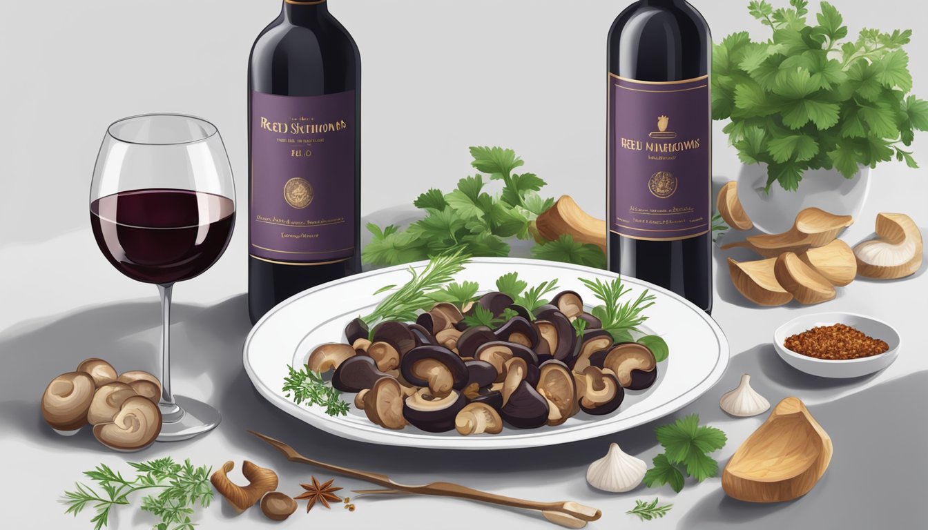 A bottle of red wine next to a plate of sautéed mushrooms, surrounded by fresh herbs and spices