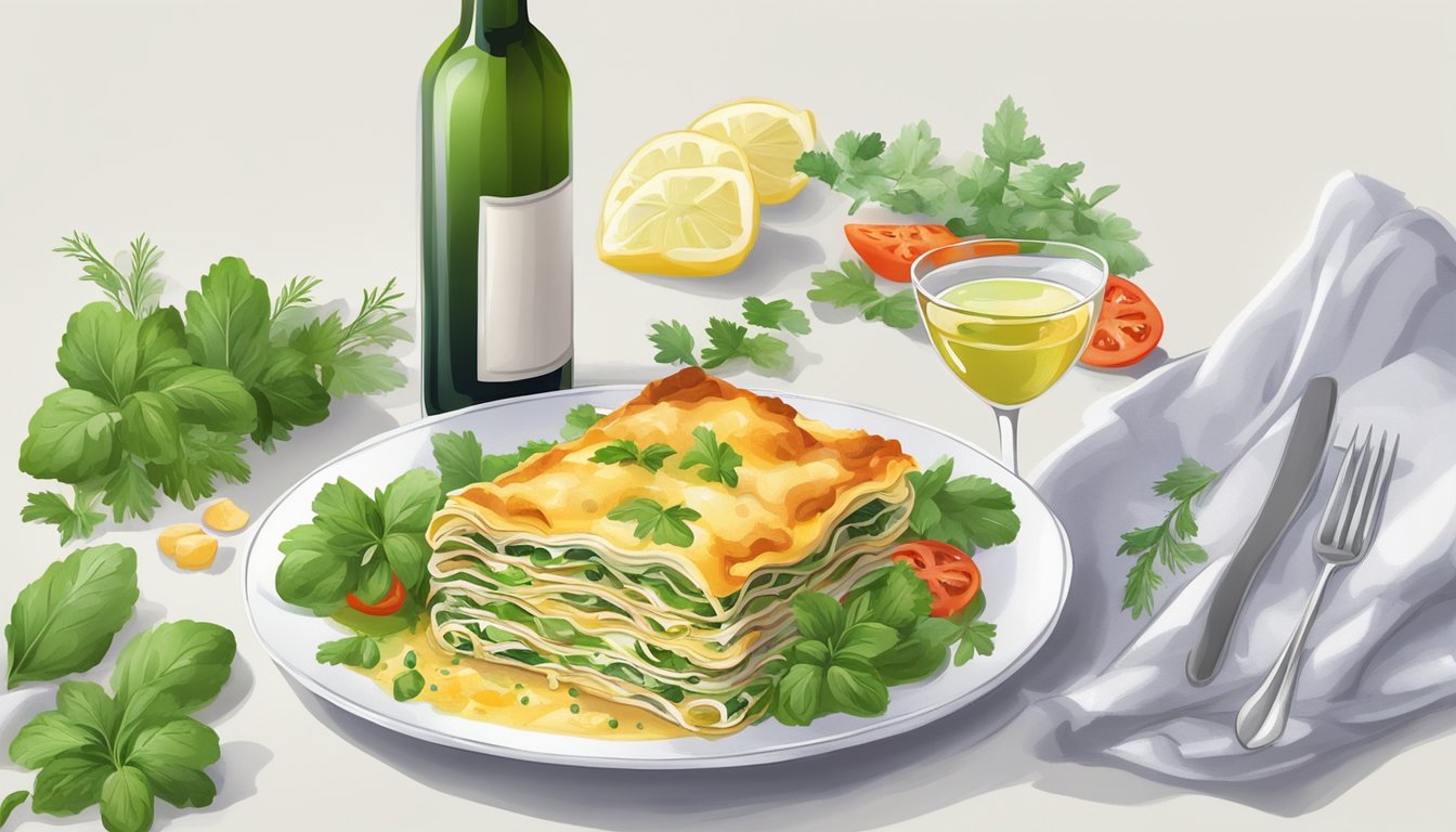 A bottle of white wine next to a colorful plate of vegetarian lasagna, surrounded by fresh herbs and vegetables