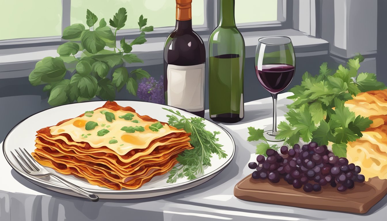 A table set with a steaming pan of vegetarian lasagna next to a bottle of rich red wine and a bouquet of fresh herbs