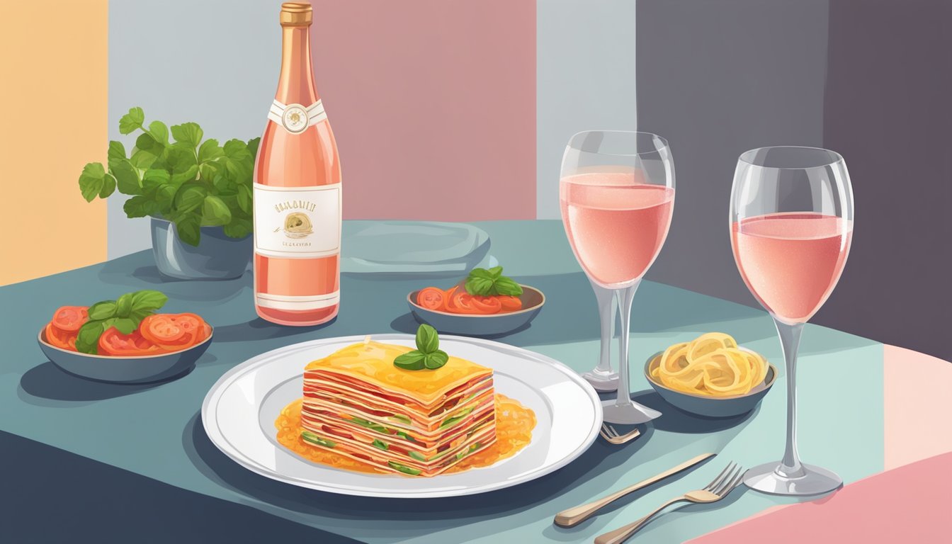 A table set with a bottle of rosé and sparkling wine next to a colorful vegetarian lasagna