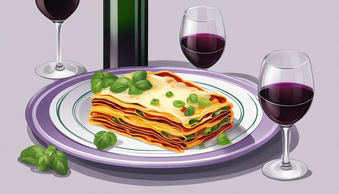 A table set with a colorful vegetarian lasagna dish, accompanied by a bottle of red wine and elegant wine glasses