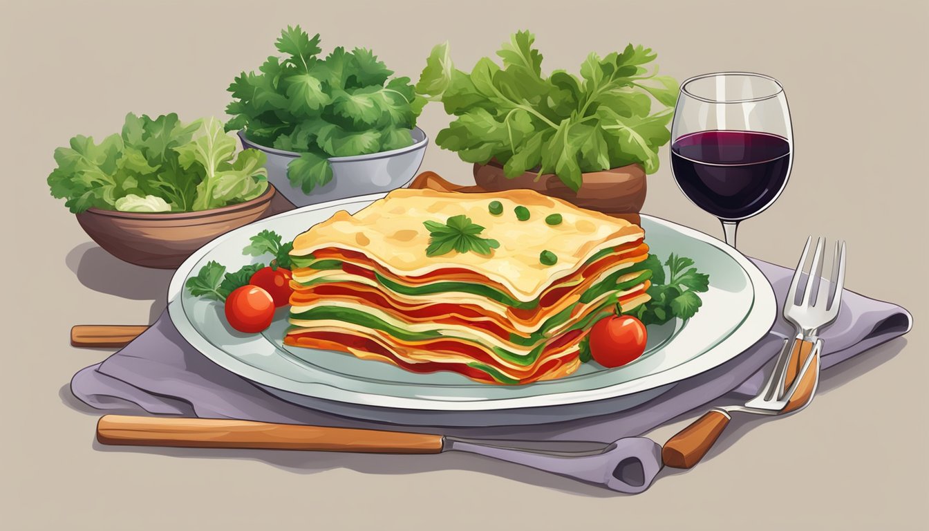 A table set with a colorful vegetarian lasagna dish next to a glass of red wine, surrounded by fresh herbs and vegetables