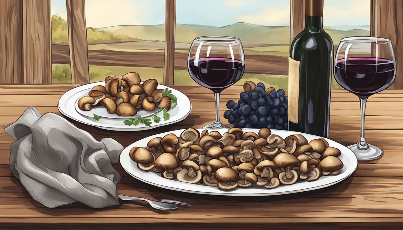 A rustic wooden table set with a platter of sautéed mushrooms, a bottle of red wine, and two elegant wine glasses