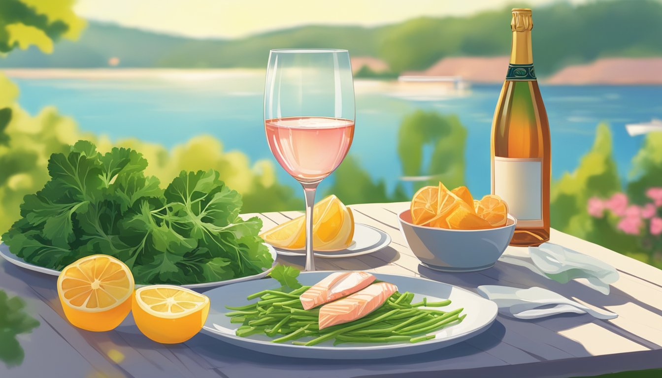 A glass of rosé or sparkling wine next to a plate of fresh fish and vibrant green vegetables on a sunlit patio table