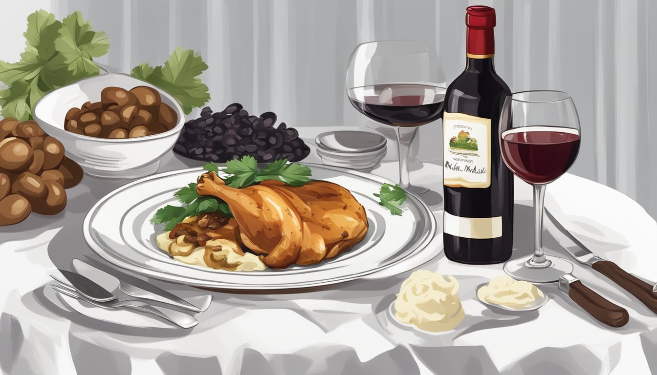 A bottle of red wine next to a plate of Chicken Marsala with mushrooms and a side of mashed potatoes on a white tablecloth