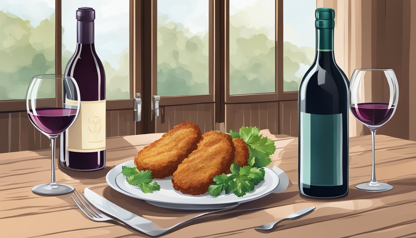 A table set with veal cutlets, a bottle of wine, and two glasses