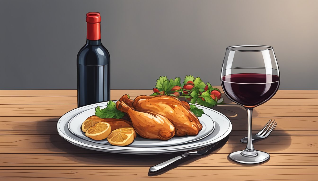 A bottle of red wine and a plate of chicken marsala on a wooden table