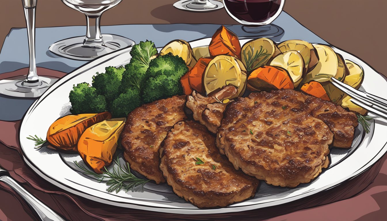 A plate of veal cutlets with a side of roasted vegetables, accompanied by a glass of red wine