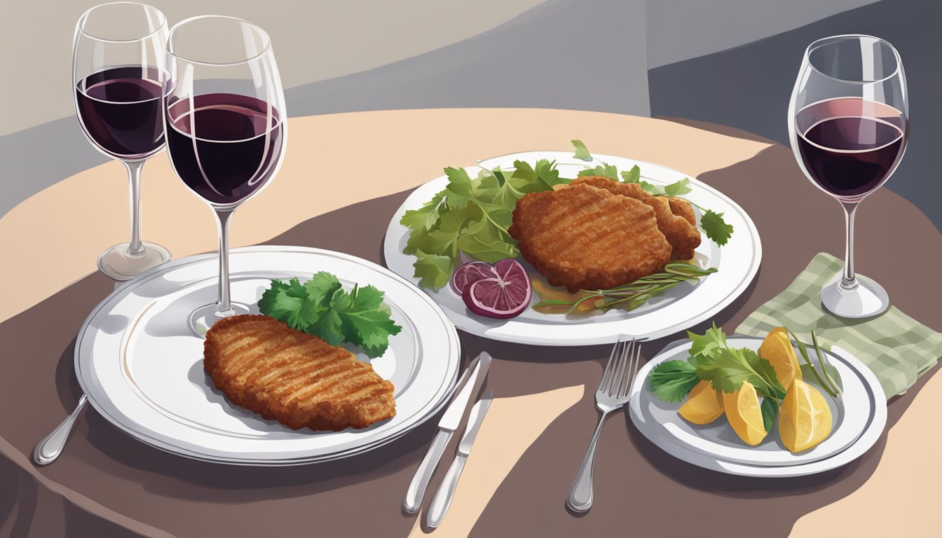 A table set with a plate of veal cutlets, a glass of red wine, and a bottle of white wine