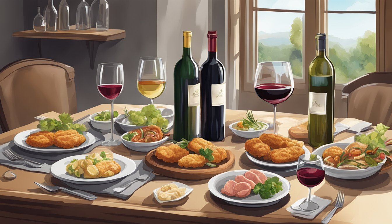 A table set with veal cutlets and a variety of wine bottles, with a clear indication of which wines to avoid