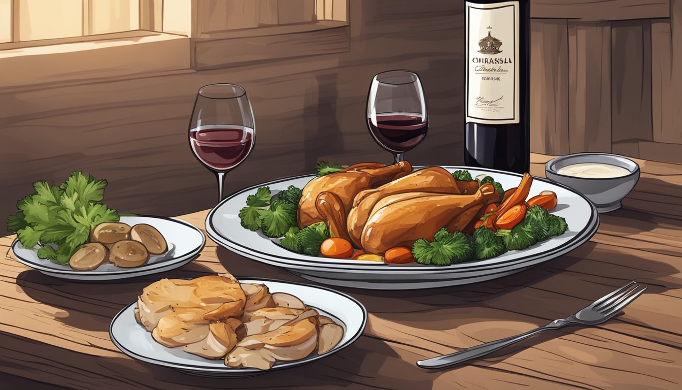 A bottle of red wine next to a plate of chicken marsala with a side of roasted vegetables on a rustic wooden table