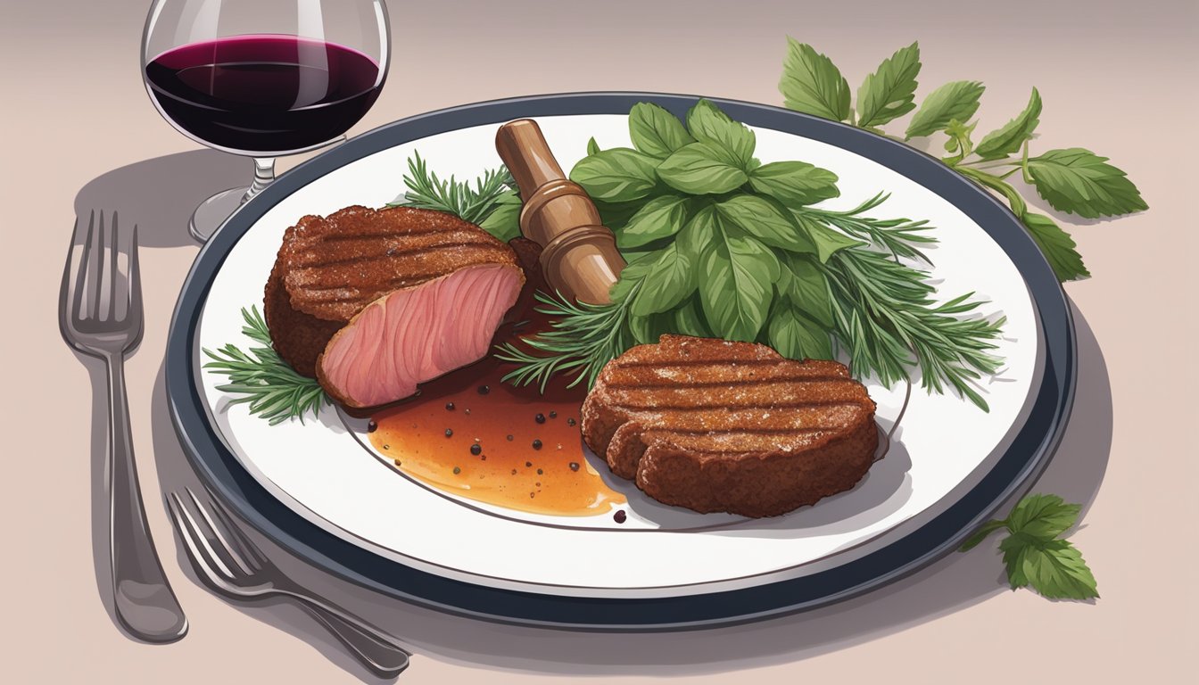 A bottle of red wine next to a plate of veal cutlets, surrounded by herbs and spices