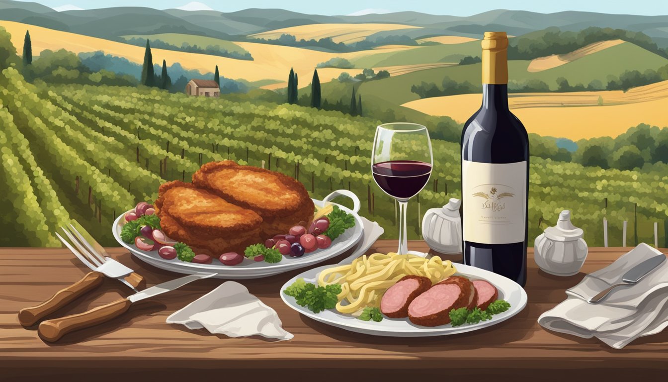 A rustic table set with veal cutlets, accompanied by a bottle of red wine, surrounded by rolling vineyards