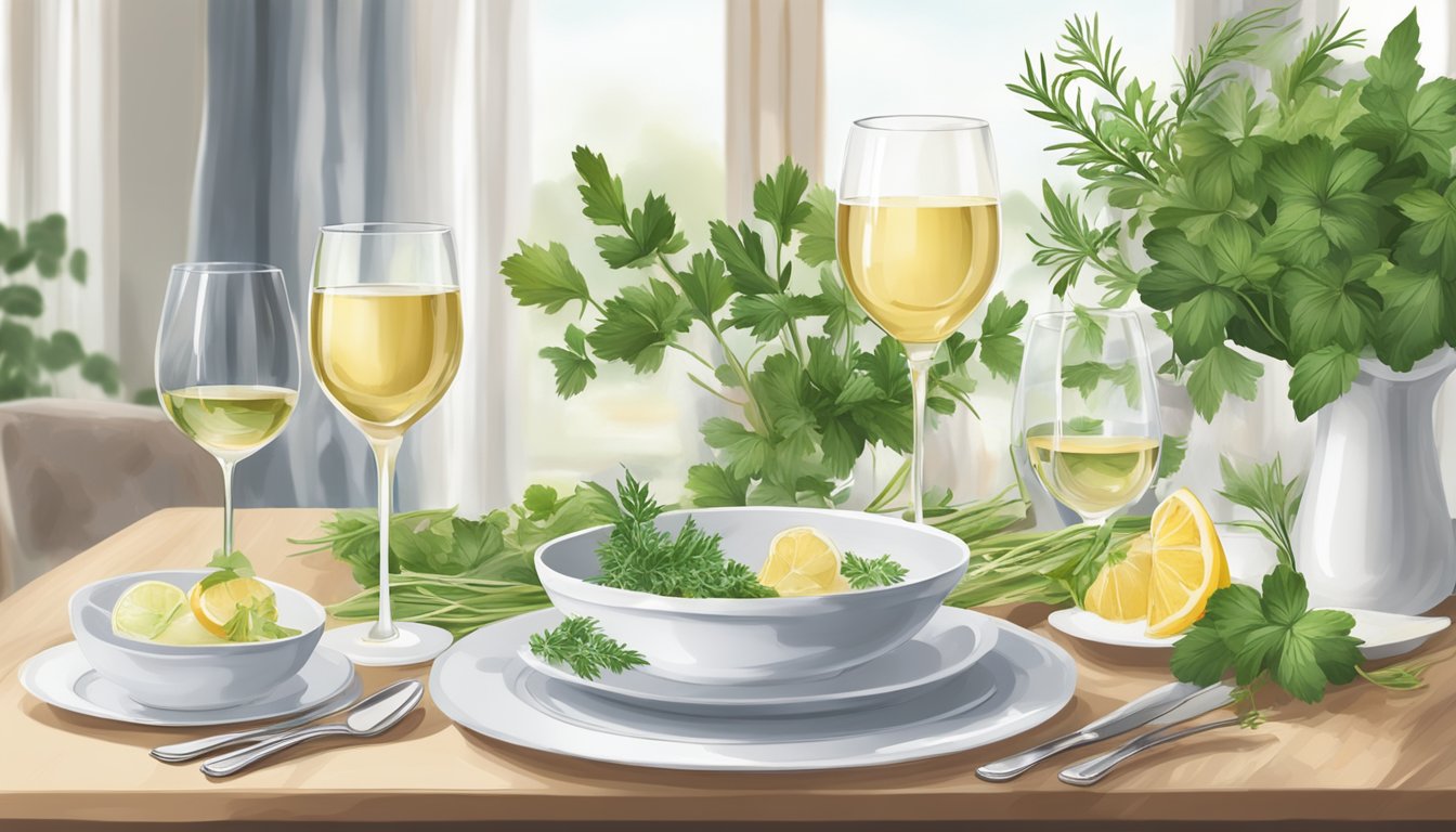 A table set with a delicate poached dish next to a glass of white wine, surrounded by fresh herbs and elegant dinnerware