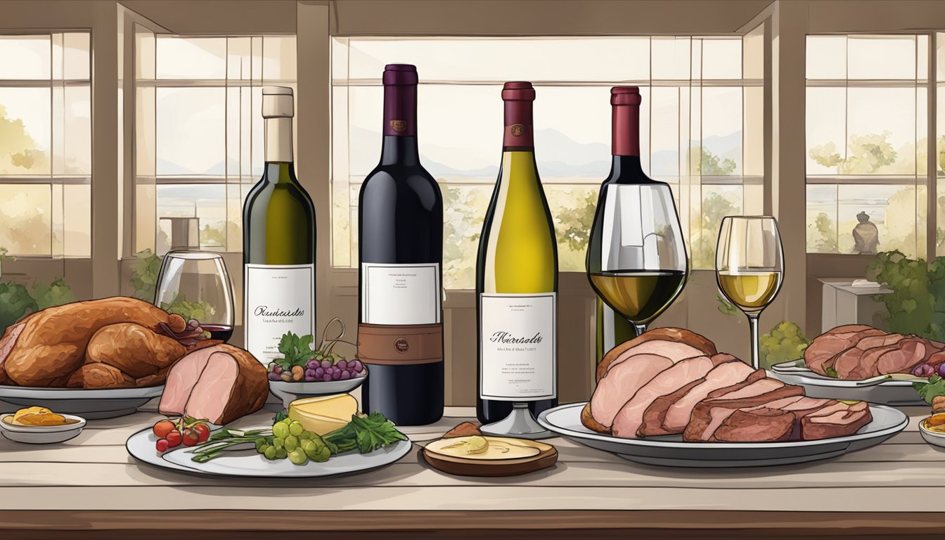 A table set with poached meats and various wine bottles