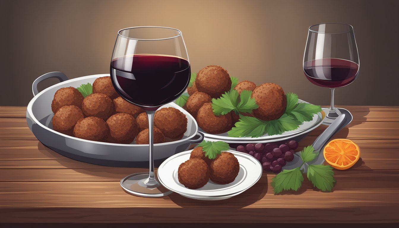 A glass of red wine next to a plate of beef meatballs on a rustic wooden table