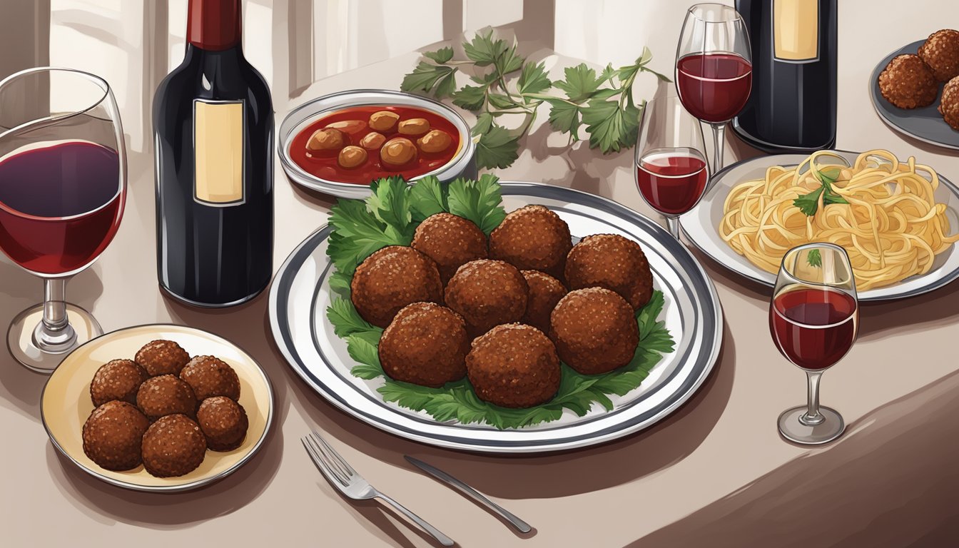 A table set with a variety of wine bottles next to a platter of beef meatballs with a rich red sauce