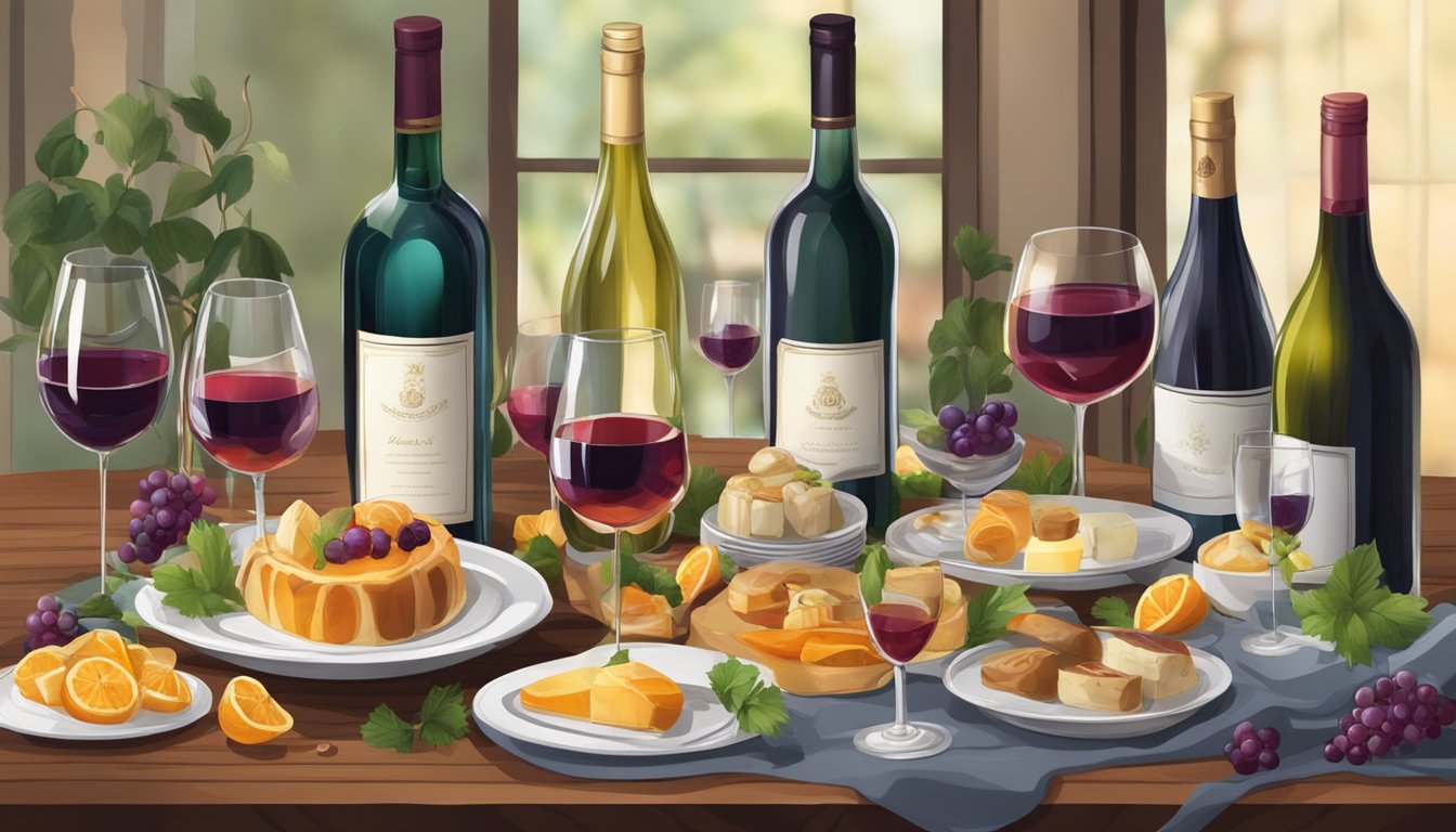 A table set with poached delicacies and sweet wine, with various wine bottles and glasses arranged for pairing