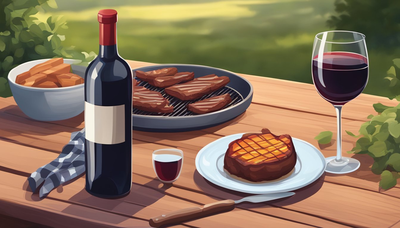 A bottle of red wine and a plate of barbecue on a wooden table in a cozy backyard setting