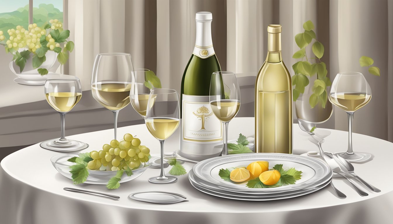 A table set with a poached dish and a bottle of white wine, surrounded by elegant wine glasses and a decorative tablecloth