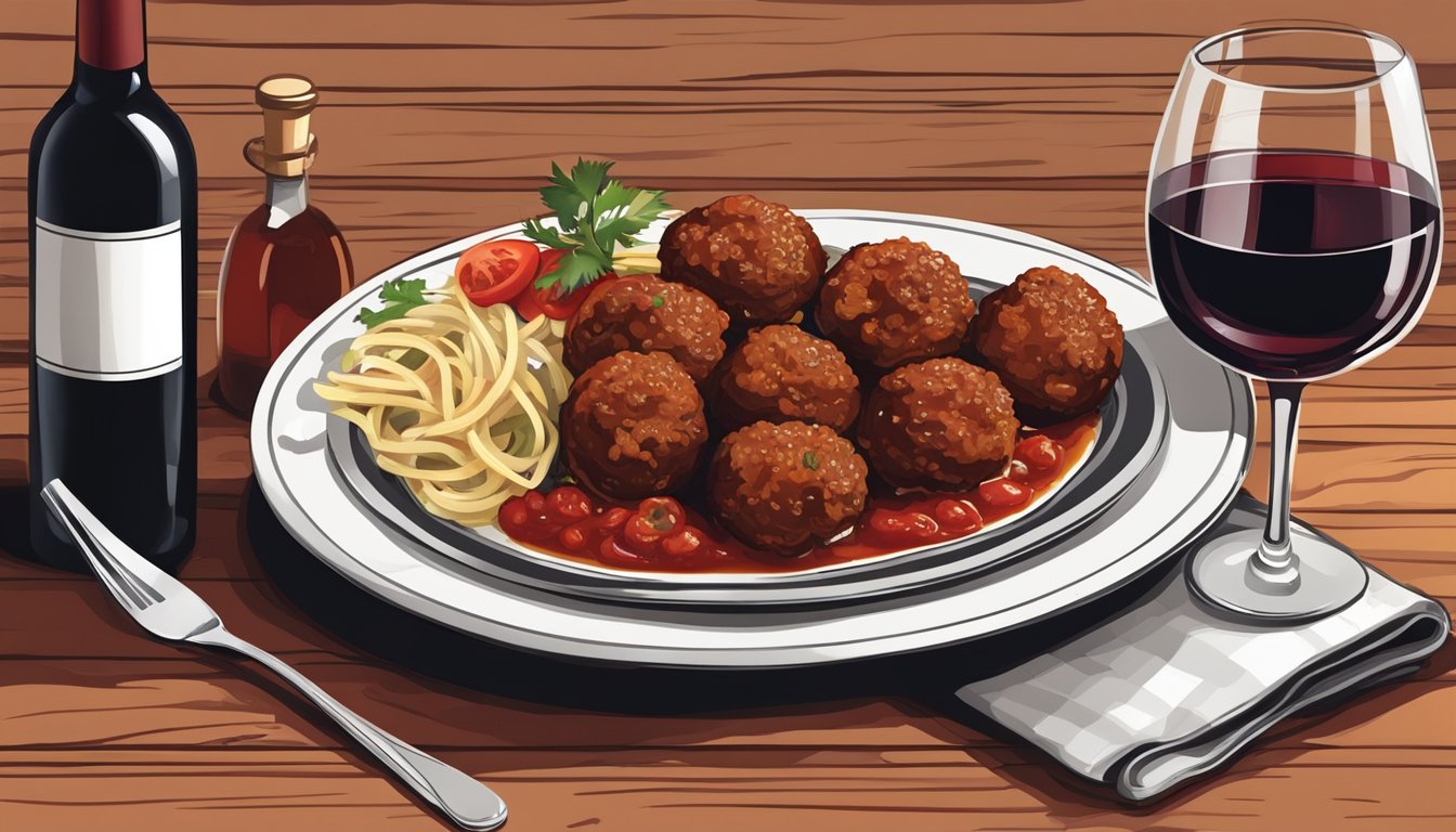 A rustic table set with a platter of beef meatballs in a rich tomato sauce, accompanied by a bottle of bold red wine