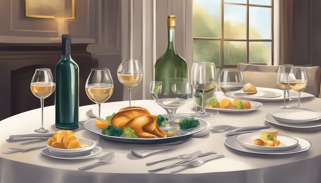 A table set with a poached dish and a bottle of wine, surrounded by elegant glassware and a cozy ambiance