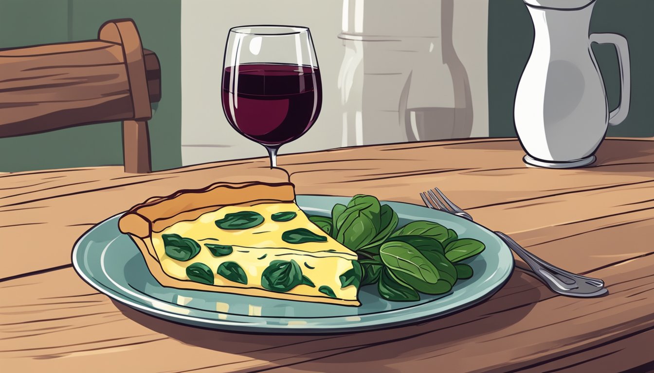 A glass of red wine next to a plate of spinach and cheese quiche on a wooden table