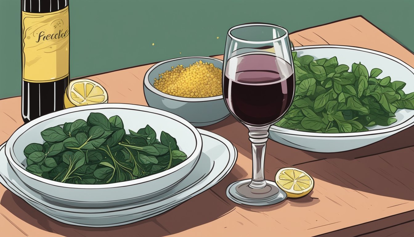 A glass of red wine next to a bowl of sautéed spinach with garlic and lemon zest, surrounded by fresh herbs and spices